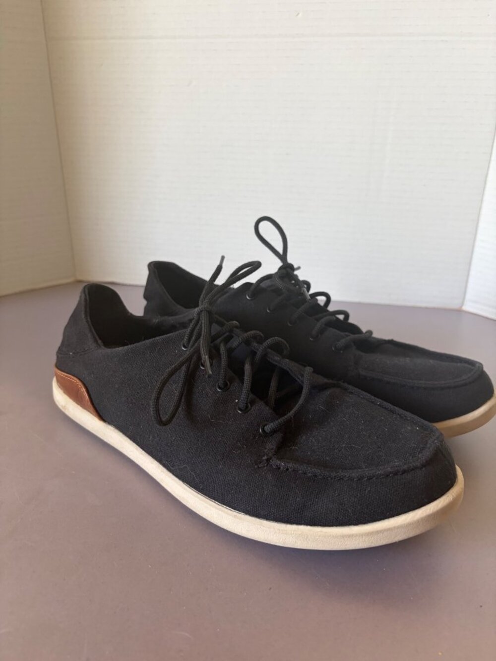 Olukai Mens Black Canvas Sneakers With Leather Accent Casual Lace-Up Shoes Size